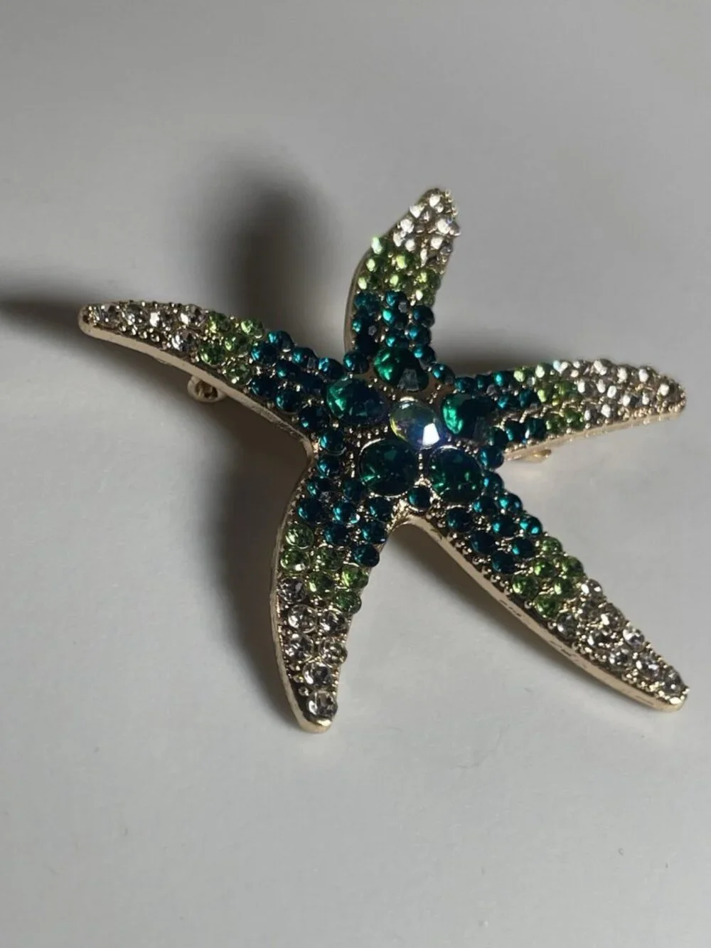 Blue Green Rhinestone Starfish Brooch Gold Tone Crystal Beach Ocean Nautical Pin